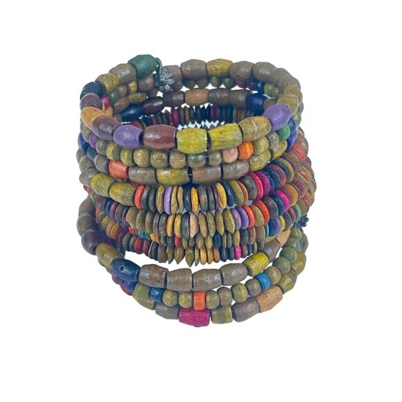 Colorful Wooden Beaded Coil Bracelet with Flower Charms - Picture 2 of 8